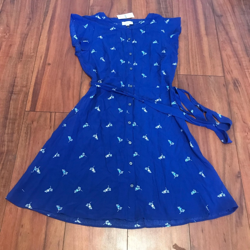 LOFT Royal Blue Floral Button-Front Tie-Waist Dress size 6
